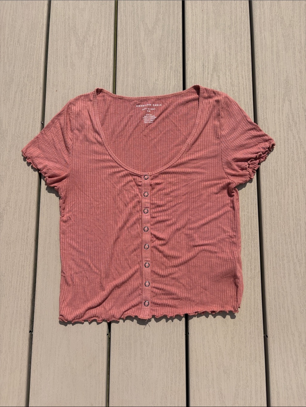 American Eagle Outfitters Dusty Coral Ribbed Button-Front Crop Top
